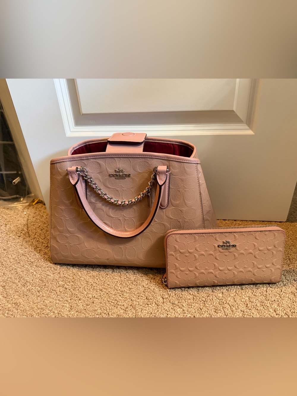 Coach Dusty Pink Signature Leather Tote with Matching Zip Wallet